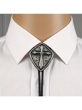 Silver Tone Metal Christian Cross Preacher Stye Texas Cowboy Western Bollo Tie